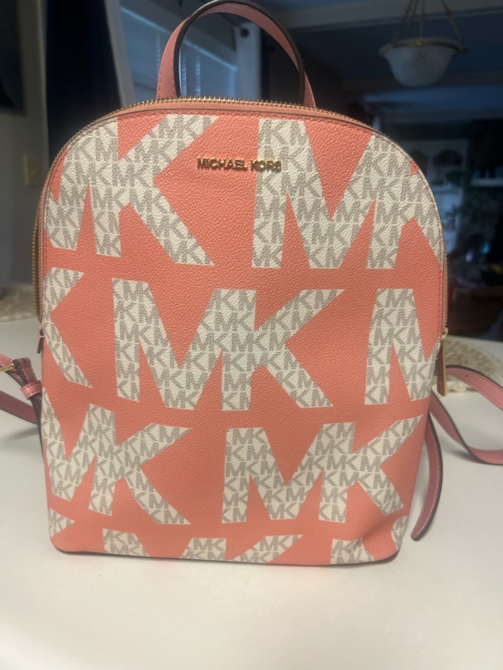 MICHAEL KORS Coral and White MK Logo Backpack. Used one time